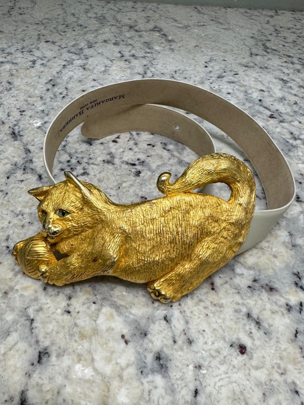 Vintage Margarita Barrera Gold Cat & Ball Belt Buckle w/ Adjustable Leather Belt